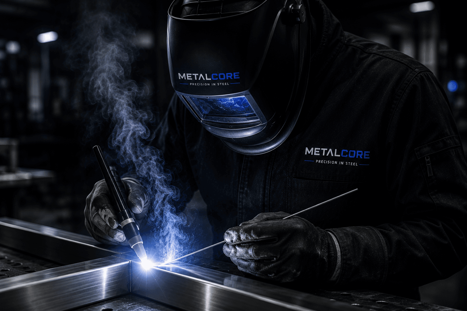 Metalcore welder TIG-welding a steel structure
